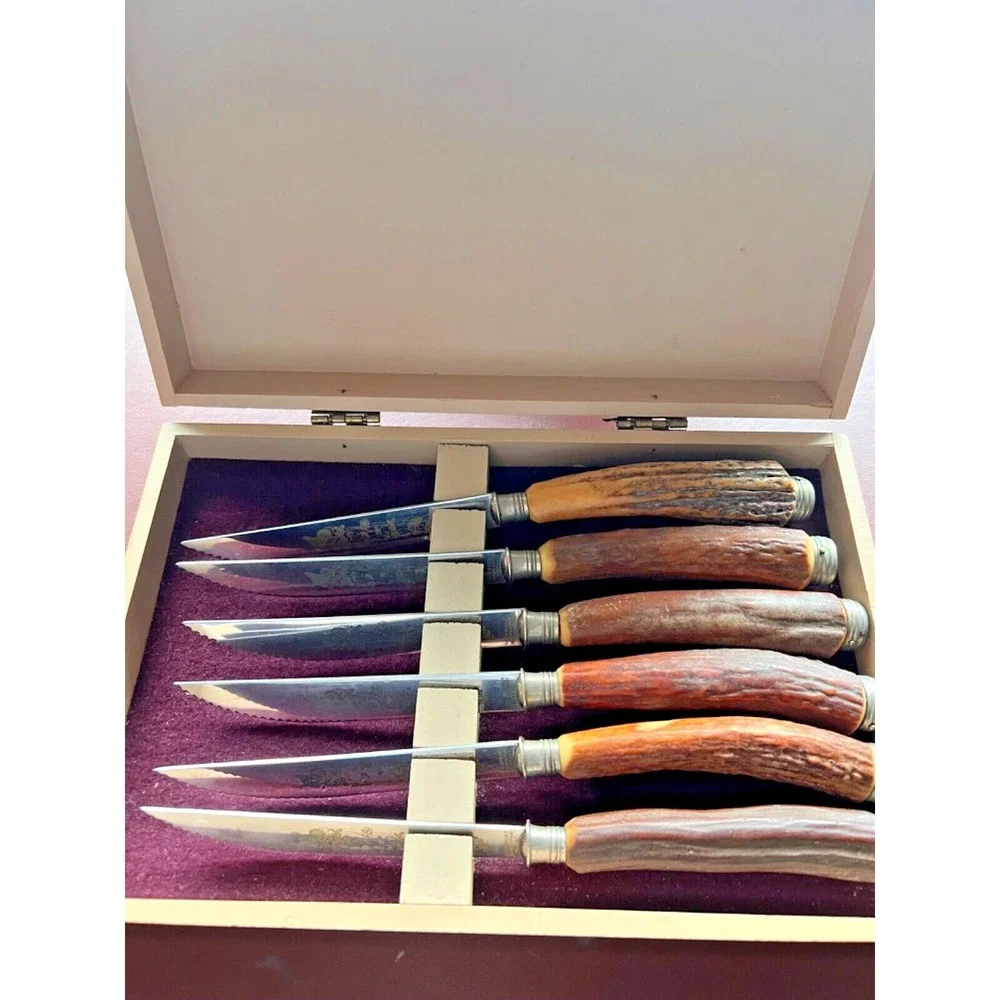 Anton Wingen Solingen Germany Rostfrei Engraved Stag Horn 6 Piece Knife Set‎